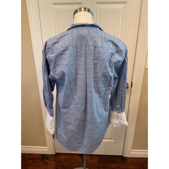 FRAME Blue Boxy Pleated Contrast Cuff Button Up Shirt, Size M - Picture 7 of 9